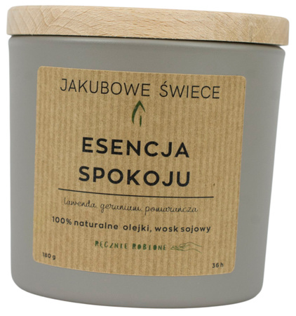 JAKUBOWE ŚWIECE Esencja Spokoju Zapachowa Świeca Sojowa z Naturalnymi Olejkami 180g Ręcznie Robiona z Pokrywką