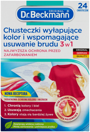 Dr. Beckmann Chusteczki 3w1 do Prania Wyłapujące Kolor i Brud 24 sztuki