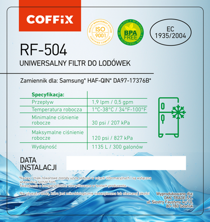 Filtr Wody do Lodówki Samsung HAF-QIN DA97-17376B DA97-17376B DA97-08006C COFFIX RF-504