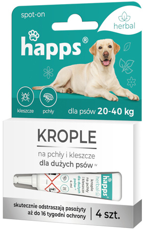 HAPPS HERBAL – KROPLE NA PCHŁY I KLESZCZE DLA DUŻYCH PSÓW 20-40kg x 4 szt