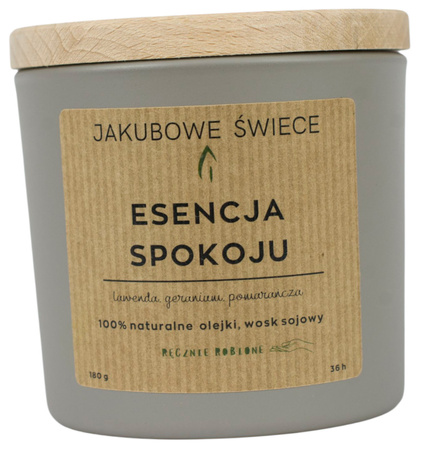 JAKUBOWE ŚWIECE Esencja Spokoju Zapachowa Świeca Sojowa z Naturalnymi Olejkami 180g Ręcznie Robiona z Pokrywką