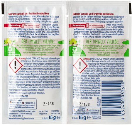 HEITMANN Szybki Odkamieniacz do Czyszczenia Ekspresu Czajnika AGD 2x15g BIO