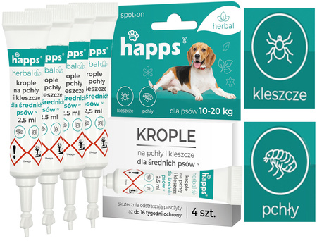 HAPPS HERBAL – KROPLE NA PCHŁY I KLESZCZE DLA ŚREDNICH PSÓW 10-20kg x 4 szt