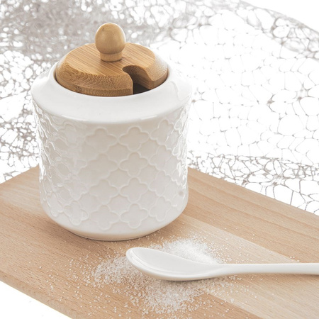 Cukierniczka porcelanowa z łyżeczką i pokrywką bambusową cukiernica pojemnik na cukier 11,5 cm