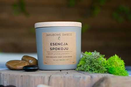 JAKUBOWE ŚWIECE Esencja Spokoju Zapachowa Świeca Sojowa z Naturalnymi Olejkami 180g Ręcznie Robiona z Pokrywką