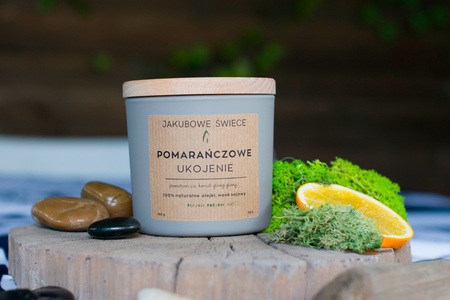 JAKUBOWE ŚWIECE Pomarańczowe Ukojenie Zapachowa Świeca Sojowa Naturalny Olejek 180g Ręcznie Robiona z Pokrywką