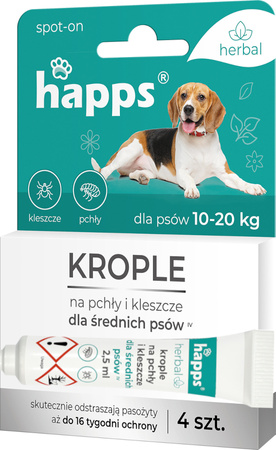 HAPPS HERBAL – KROPLE NA PCHŁY I KLESZCZE DLA ŚREDNICH PSÓW 10-20kg x 4 szt